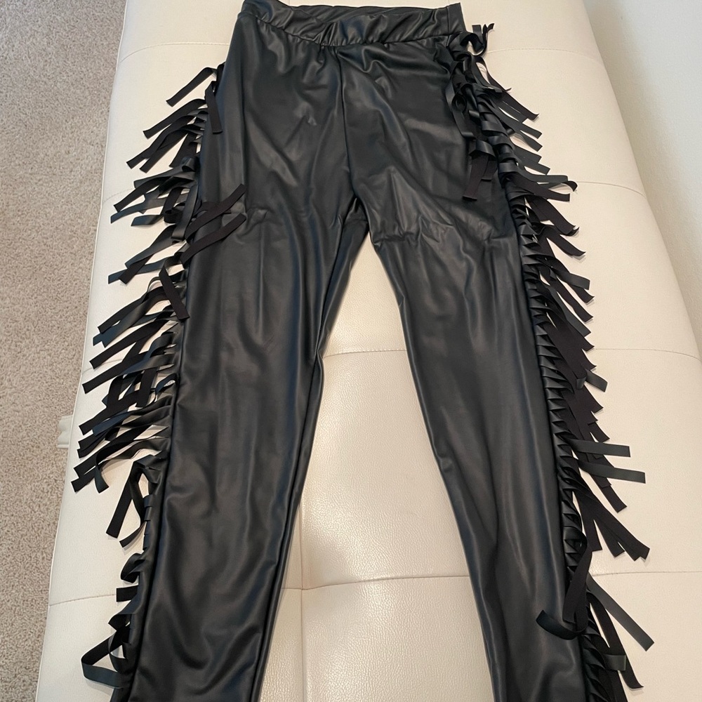 Faux Leather Leggings w/ Fringes